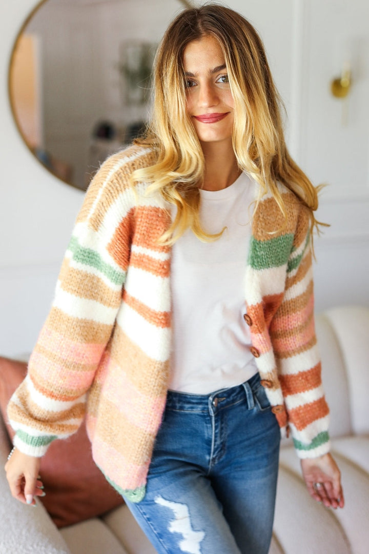 Stilla | Fuldt Størrelse Knap Ned Stribet Sweater Cardigan
