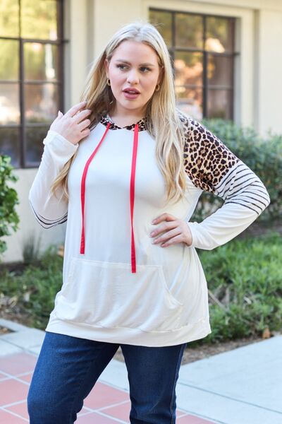 Stilla | Design Full Size Leopard Contrast Drawstring Hoodie