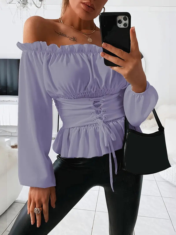 Stilla | Top Off Shoulder Top Med Justerbar Talje og Lange Ærmer
