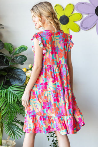 Stilla | Full Size Floral Cap Sleeve Tiered Dress