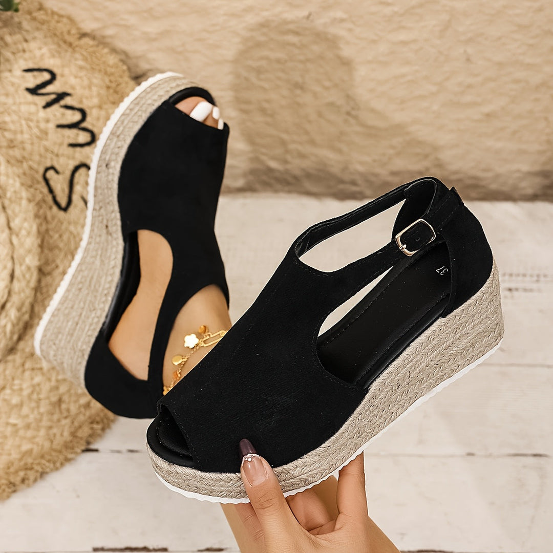 Stilla | Dame Sandaler Med Kilehæl: Sorte, Peep Toe, Skridsikre, Komfortable, Sommer