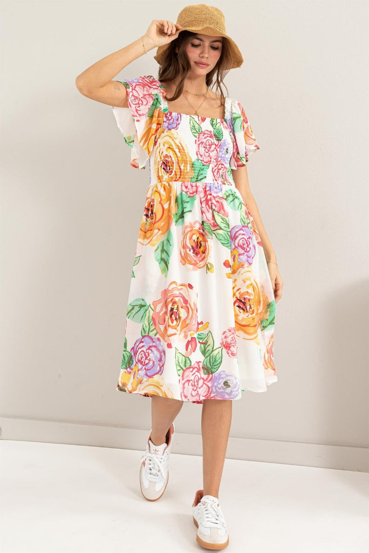 Stilla | Floral Flutter Sleeve Smocked Dress