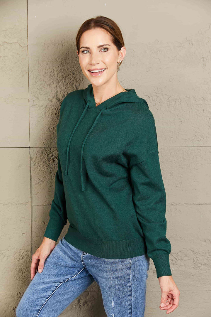 Stilla | Right Dropped Shoulder Drawstring Hooded Knit Top