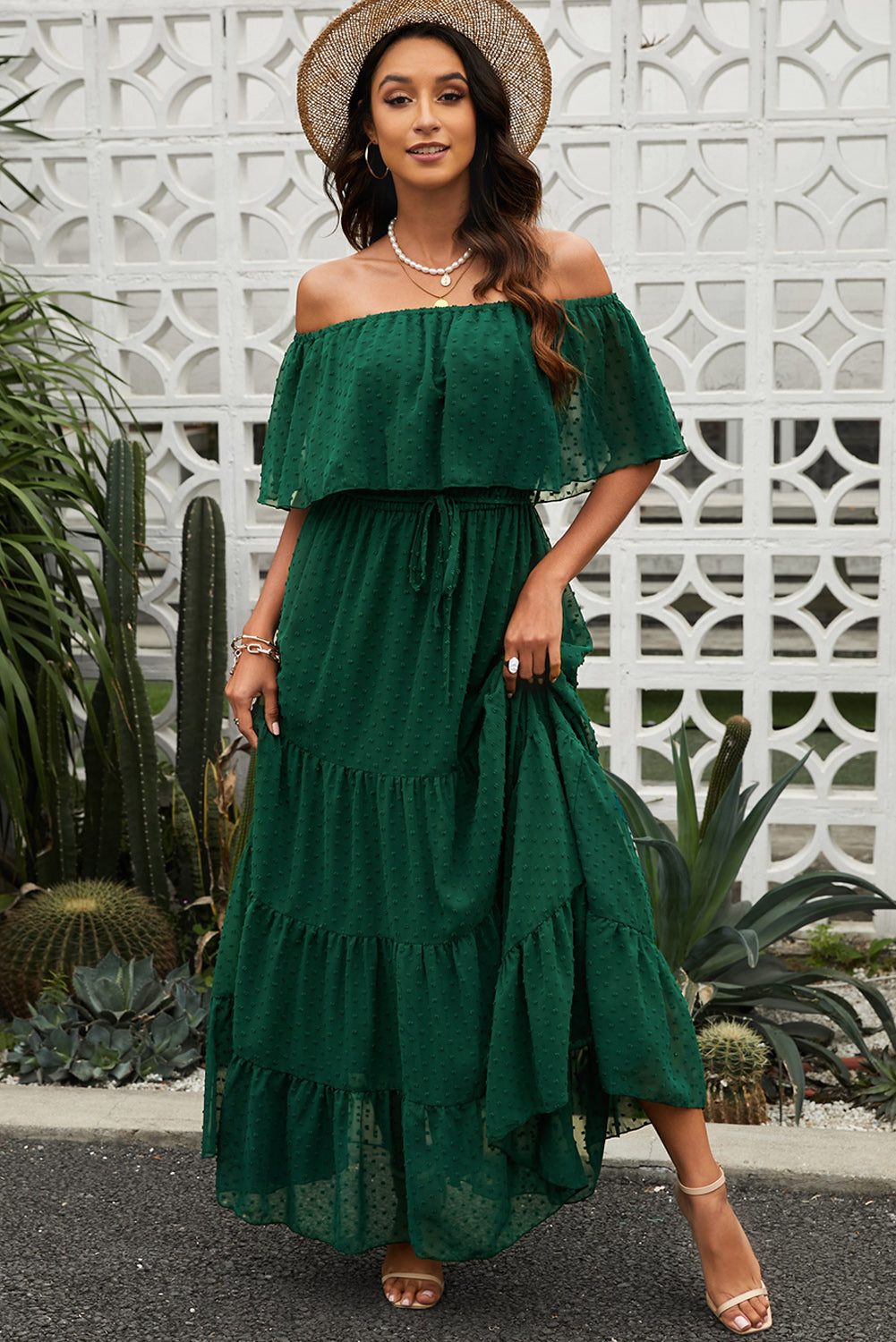 Stilla | Dot Off-Shoulder Lagdelt Maxi Kjole