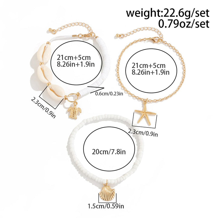 Beach Style 3Pcs Conch Starfish Turtle Charm Seed Bead Anklet Set