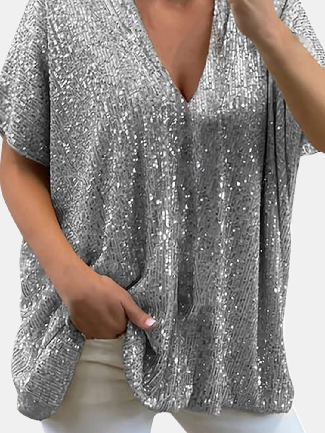 Stilla | Plus Size Paillet V-Hals Kortærmet Top