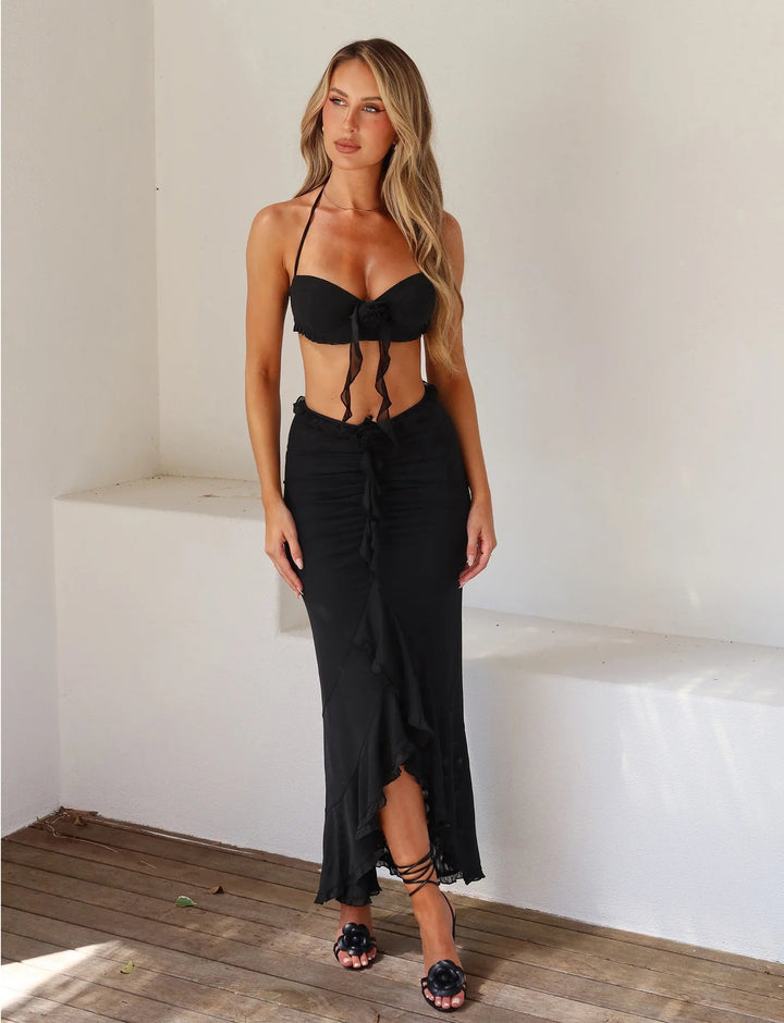 Stilla | Flower Detail Maxi Nederdel Med Crop Top Sæt