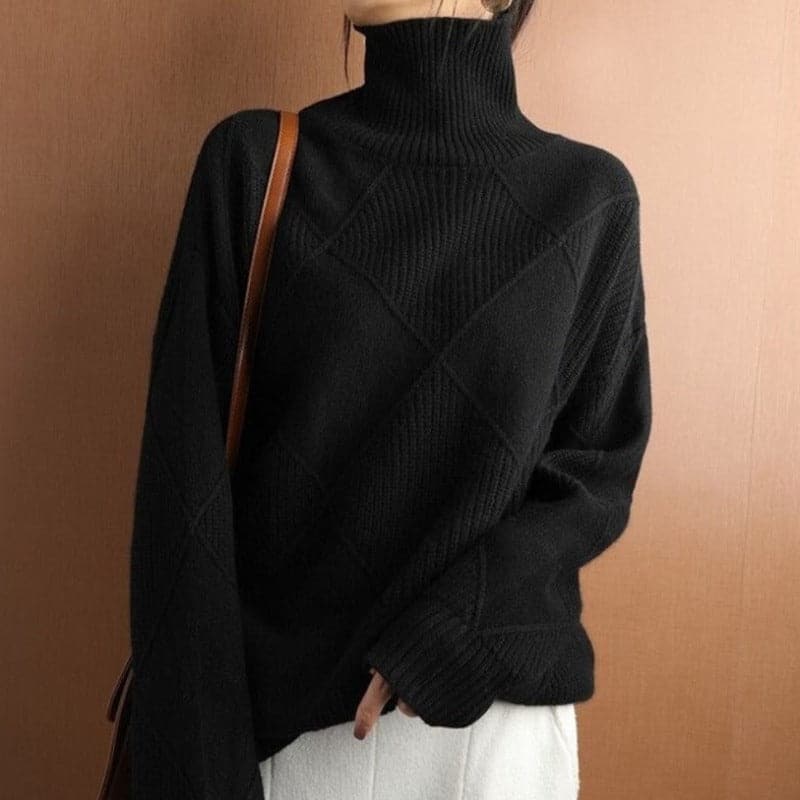 Stilla | Rullekrave sweater med diamantmønster Strikket - Blød og Komfortabel