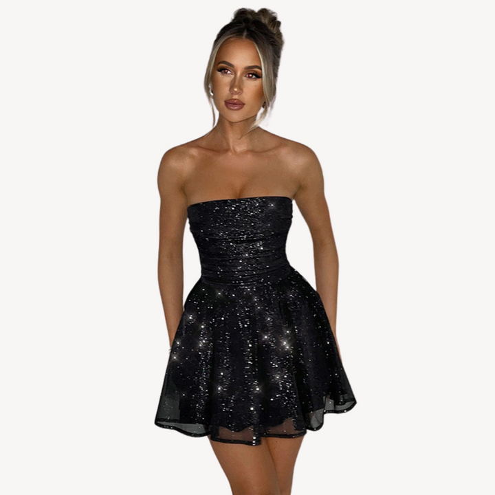 Stilla | Kvinders Glitrende Strapless Fit & Flare Mini Kjole