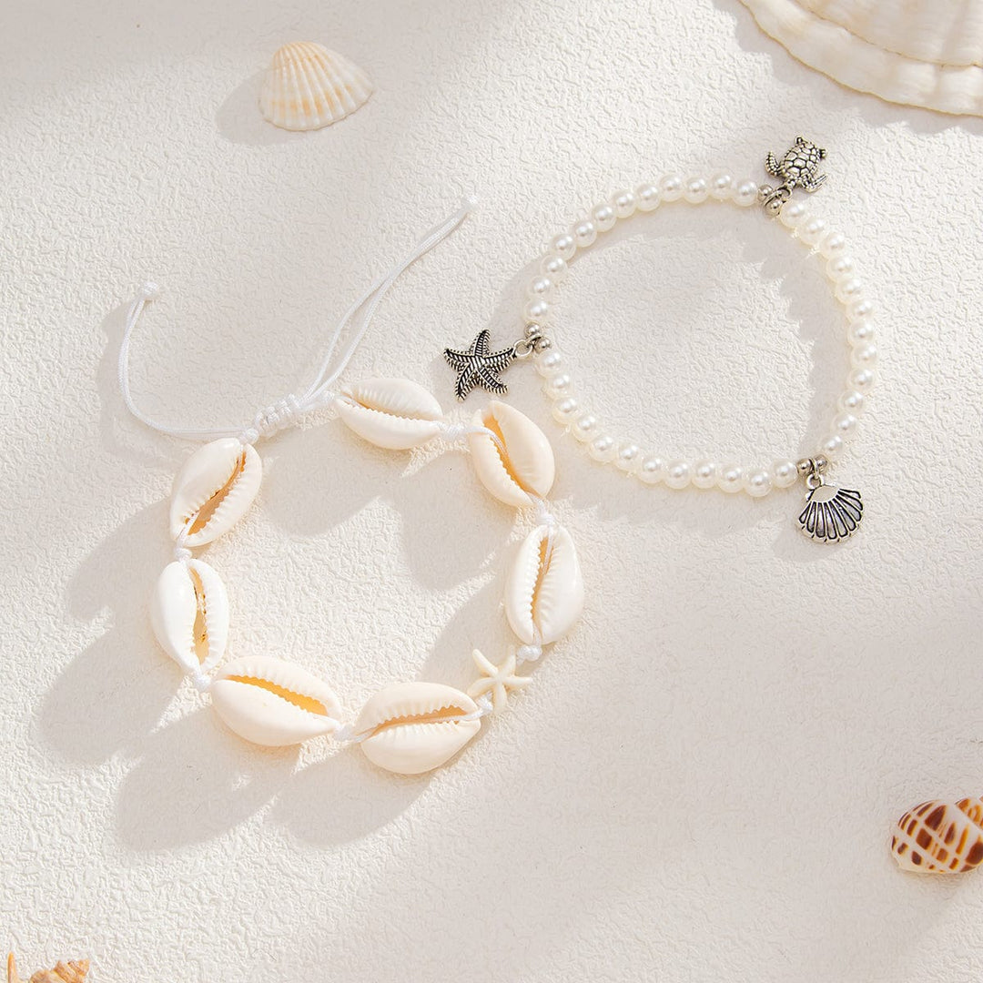 Boho 2pcs Conch Shell Starfish Charm Perle Kæde Anklet Sæt