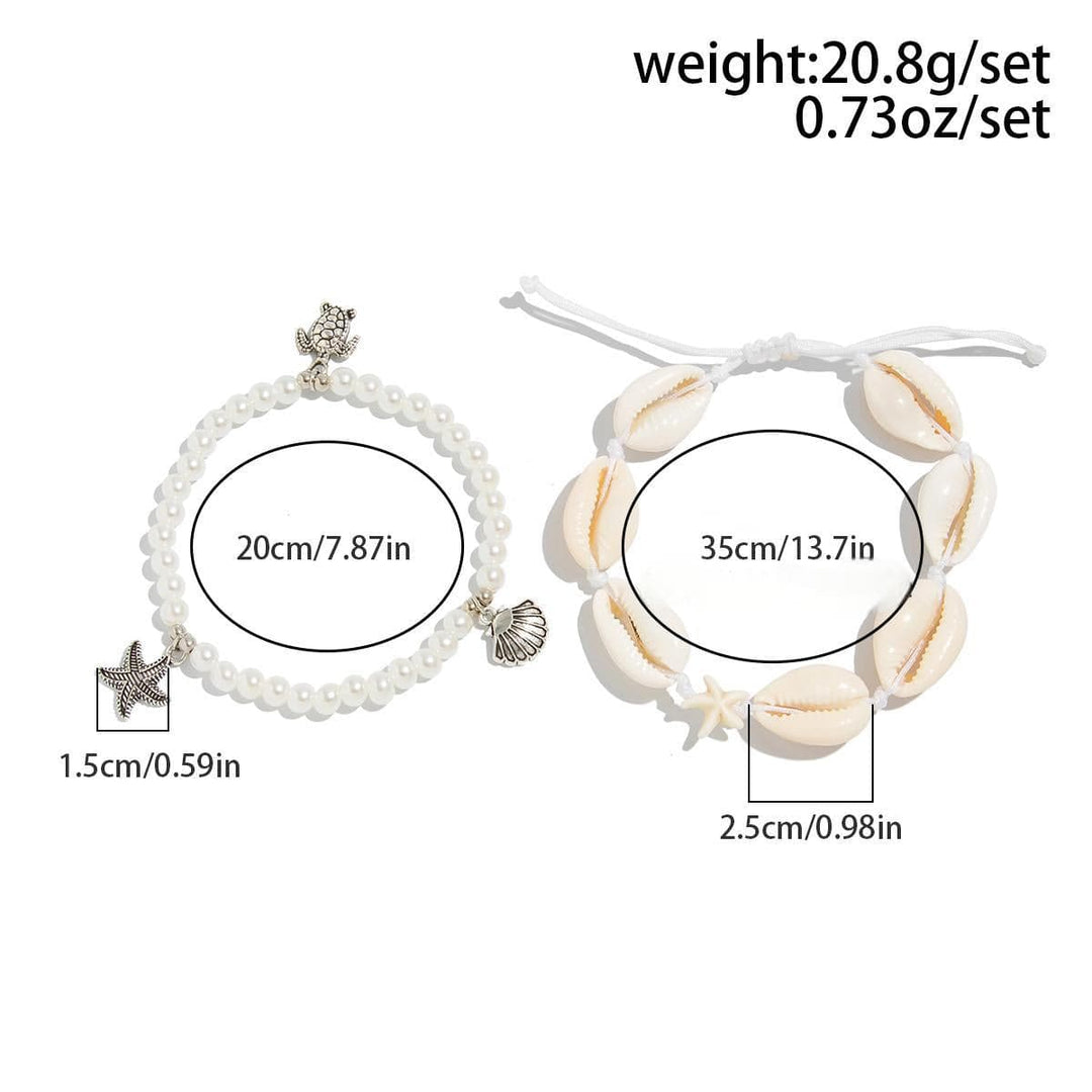 Boho 2pcs Conch Shell Starfish Charm Perle Kæde Anklet Sæt