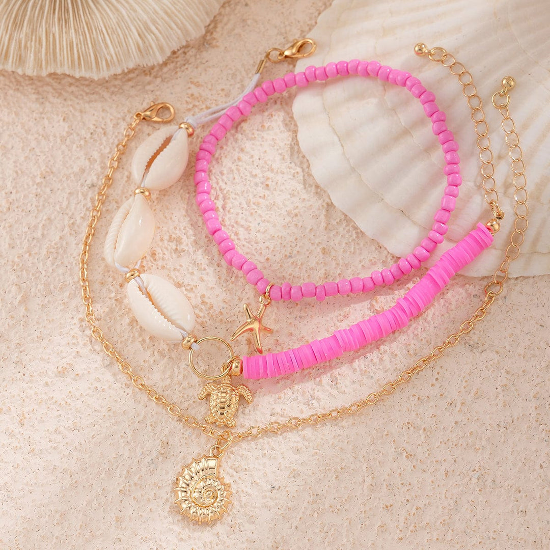 Boho Pink 3Pcs Conch Stjerneskal Skildpadde Charms Perle Ankel Sæt