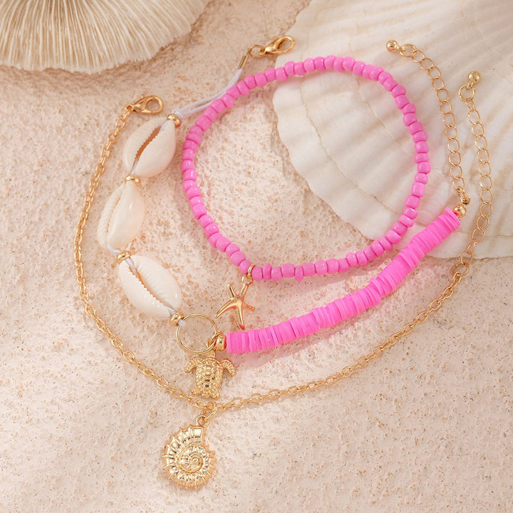 Boho Pink 3Pcs Conch Stjerneskal Skildpadde Charms Perle Ankel Sæt