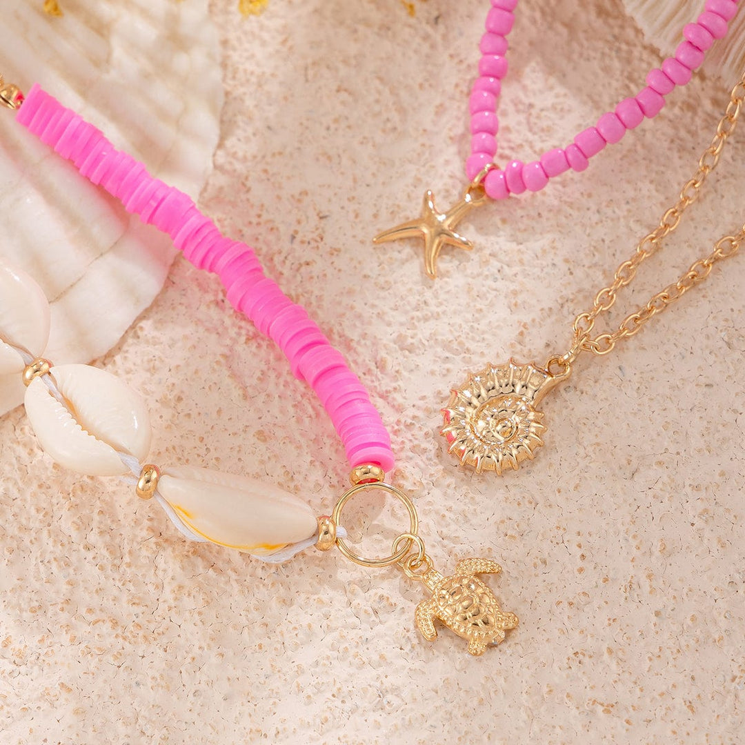 Boho Pink 3Pcs Conch Stjerneskal Skildpadde Charms Perle Ankel Sæt