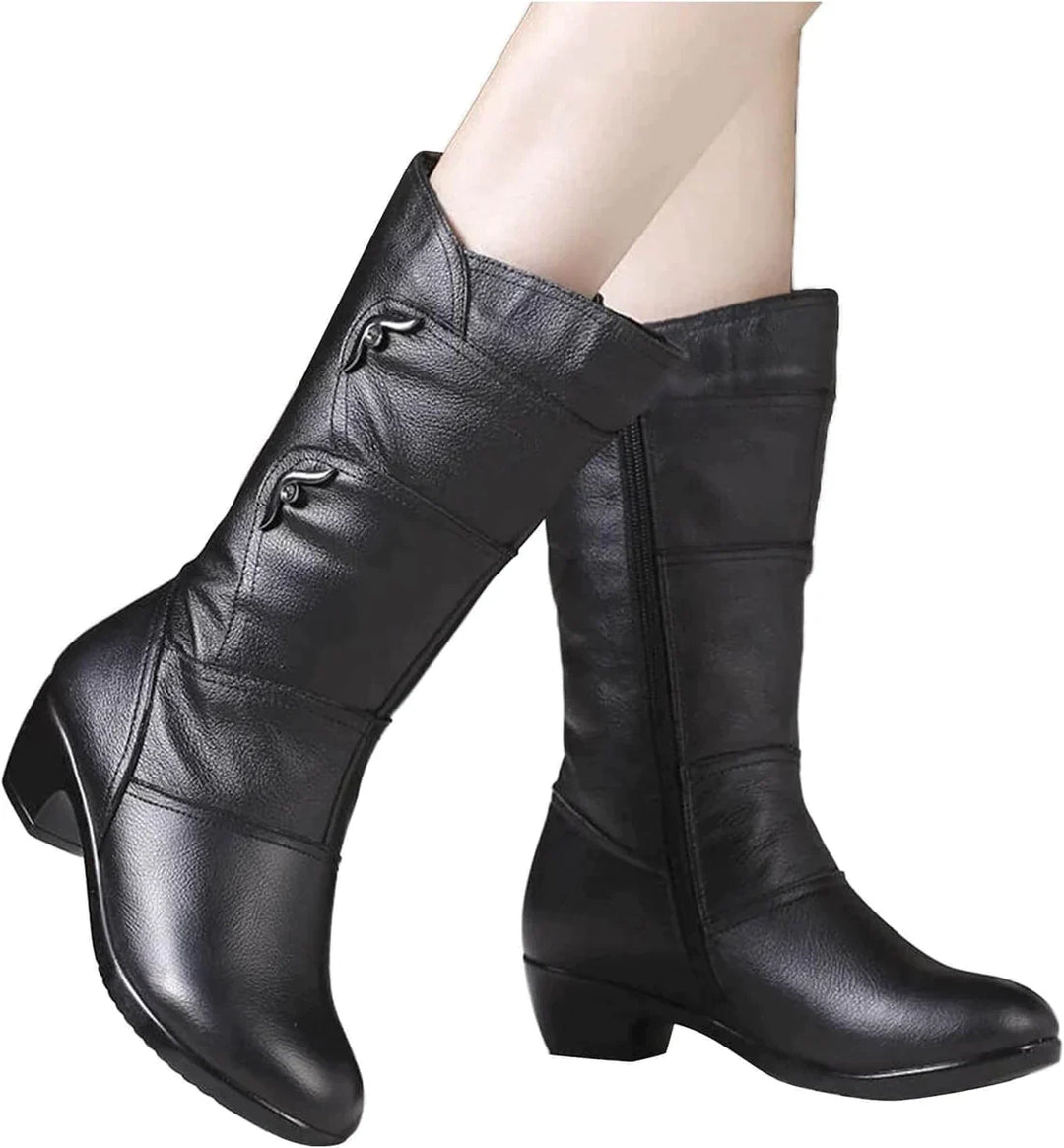 Stilla | Mid Calf Støvler Læderlignende Udseende Sidezipper Lav Heel Figurtilpasset Silhuet