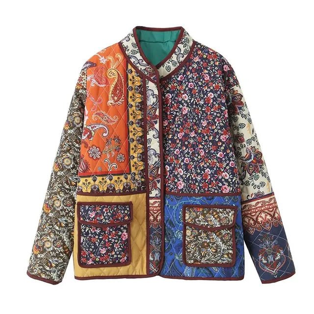 Skovae | Frakke med blomstertryk og patchwork-lommer
