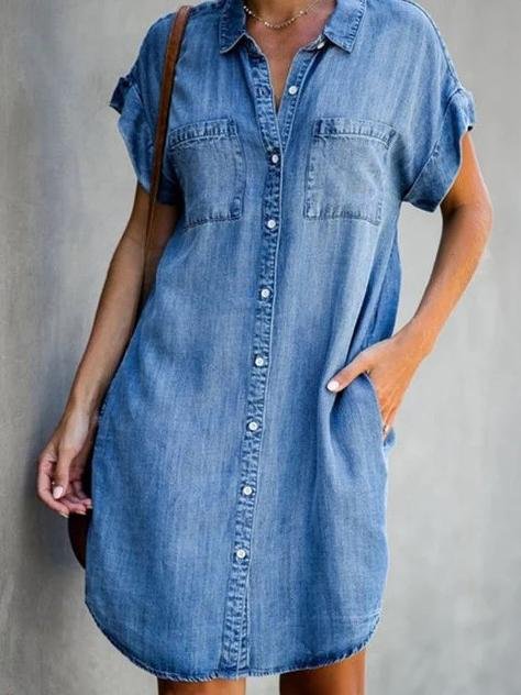 Stilla | Knap Kortærmet Denim Skjorte Kjole
