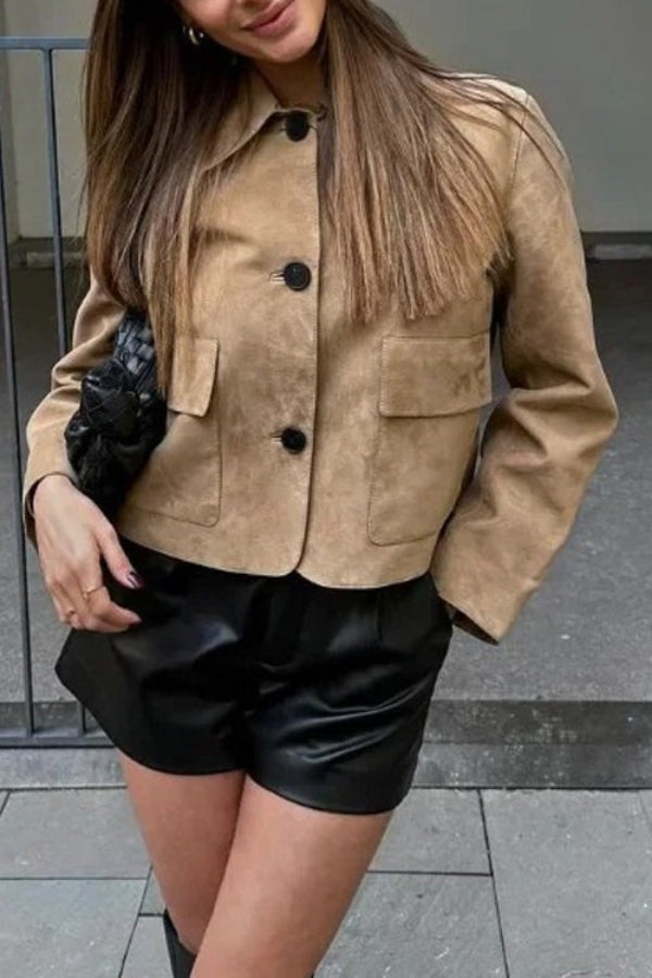 Stilla | Knaplukning Lomme Faux Suede Crop Jakke