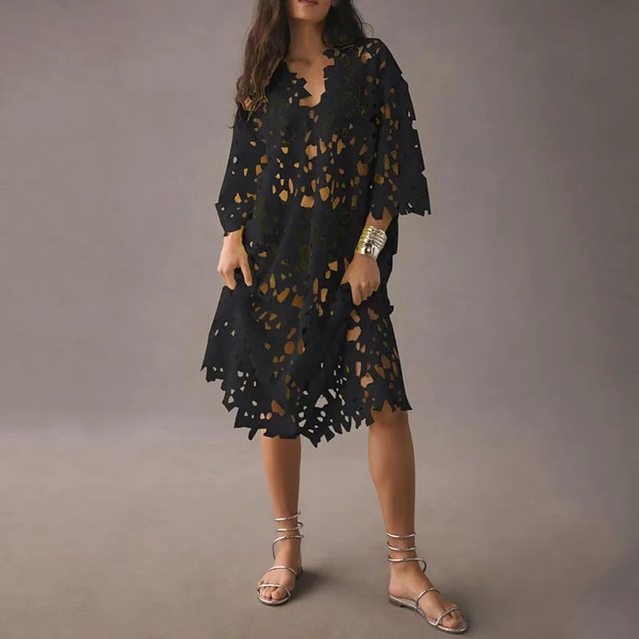 Stilla | Floral Midi Kjole Med Øje Snører