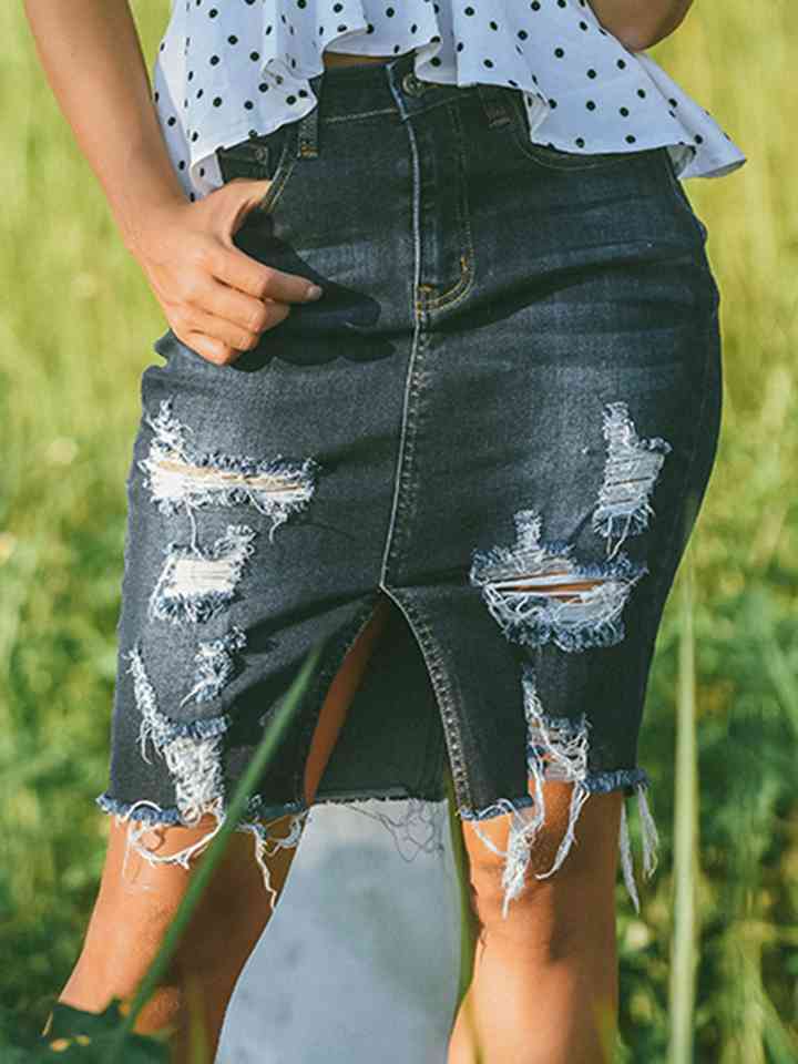 Stilla | Størrelse Distressed Slid Denim Skirt