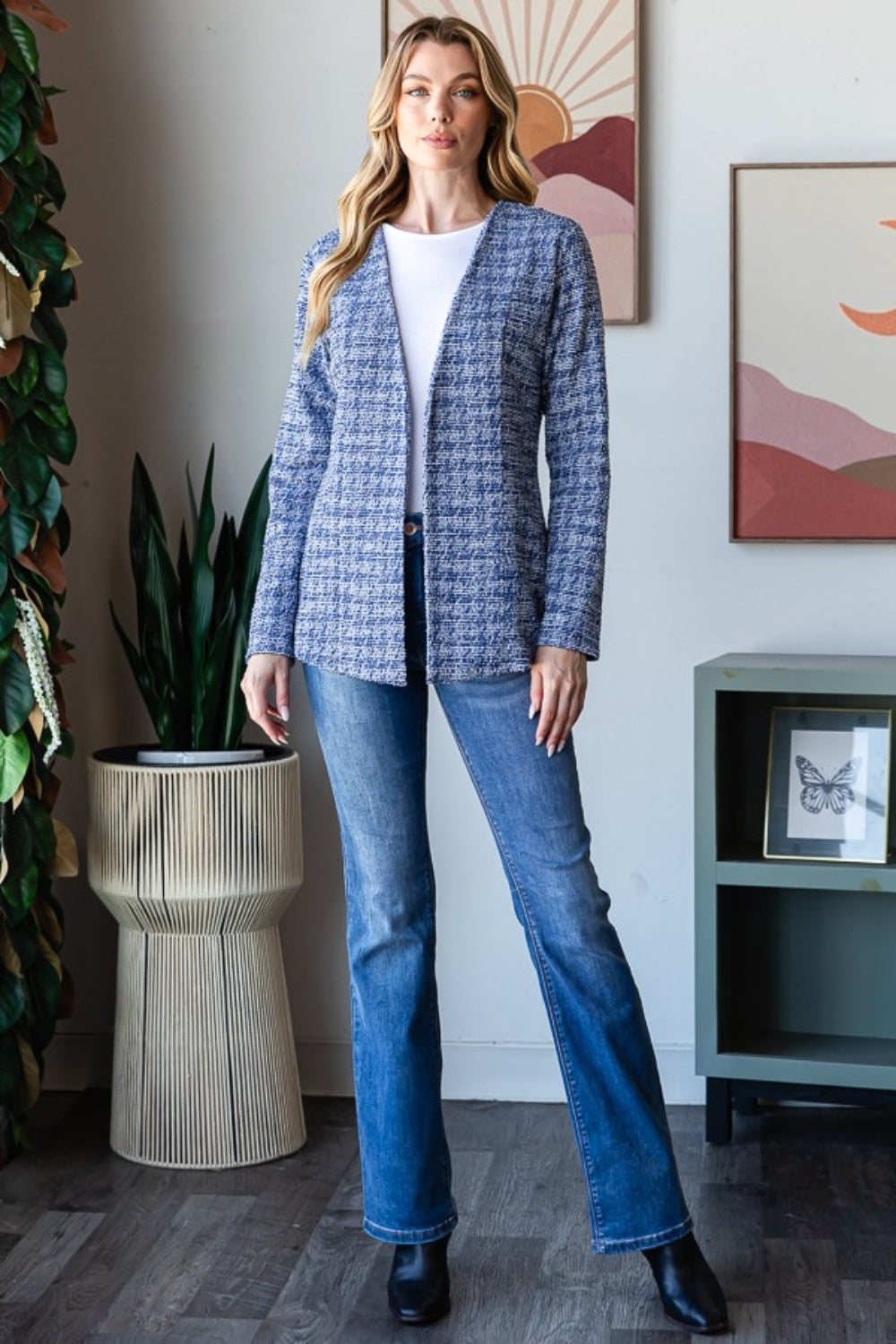 Stilla | Full Size Houndstooth Tweed Åben Front Blazer