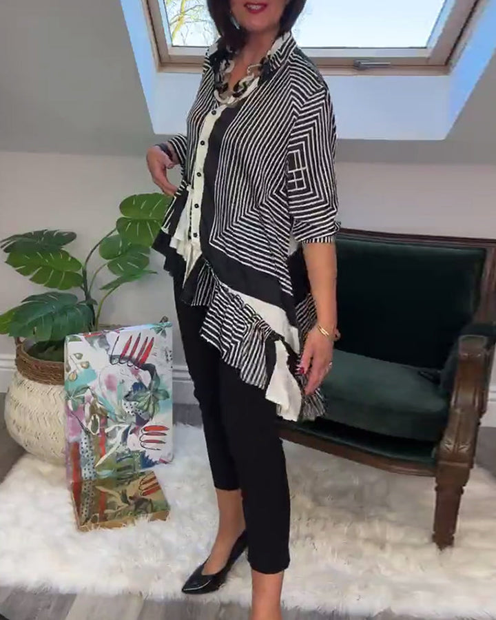 Stilla | Trykt Skjorte med Uregelmæssig Patchwork og Knapper
