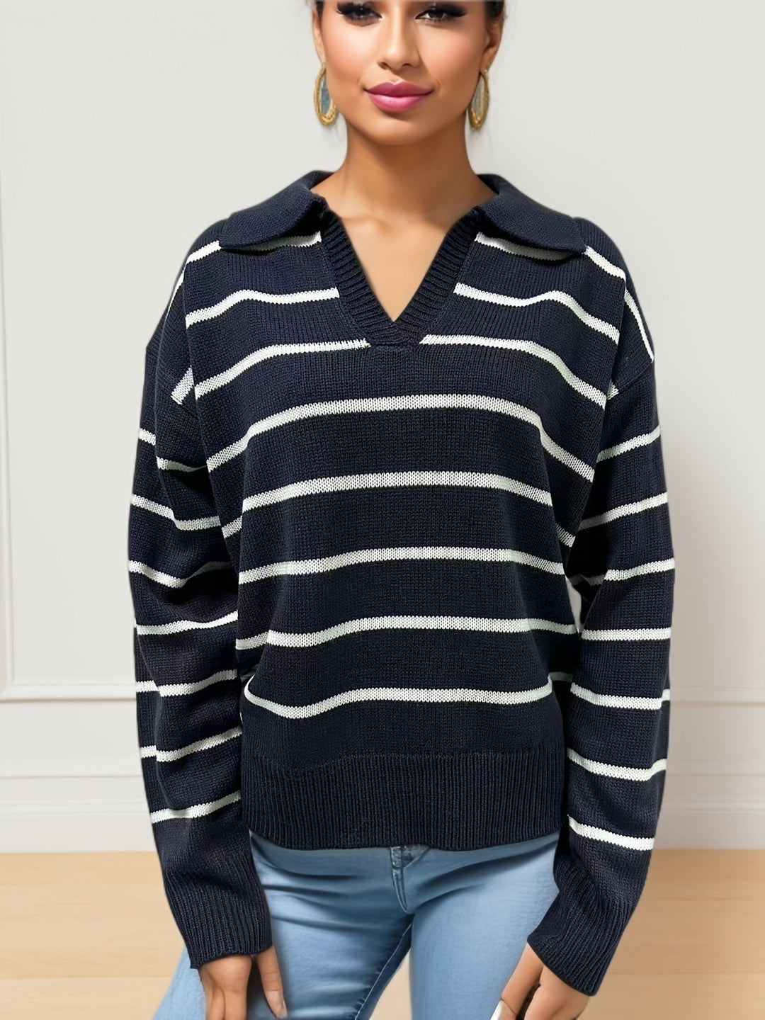 Stilla | Pullover i strik med dropped skuldre og stribet mønster