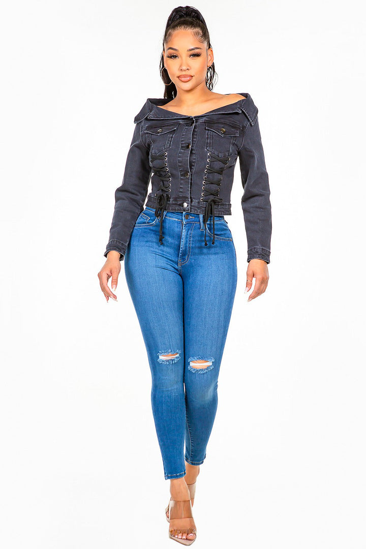 Stilla | Bazi Off Shoulder Snøreop Denim Jakke
