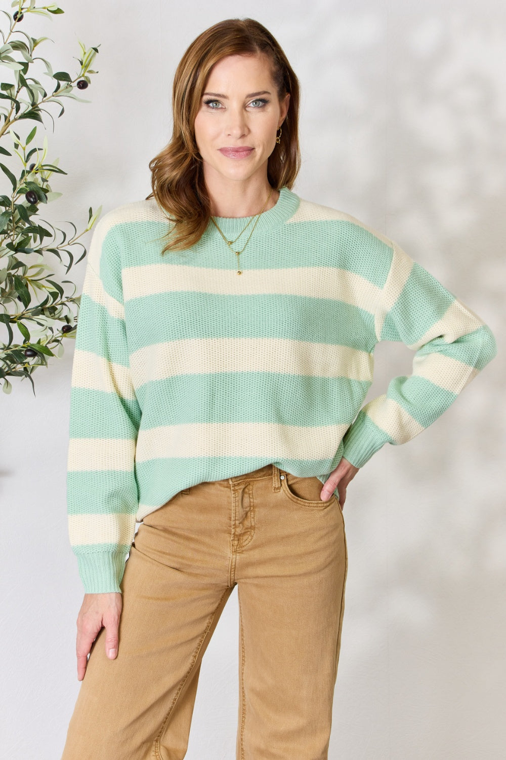 Stilla | In Love Ful størrelses kontrast stribet rund hals sweater