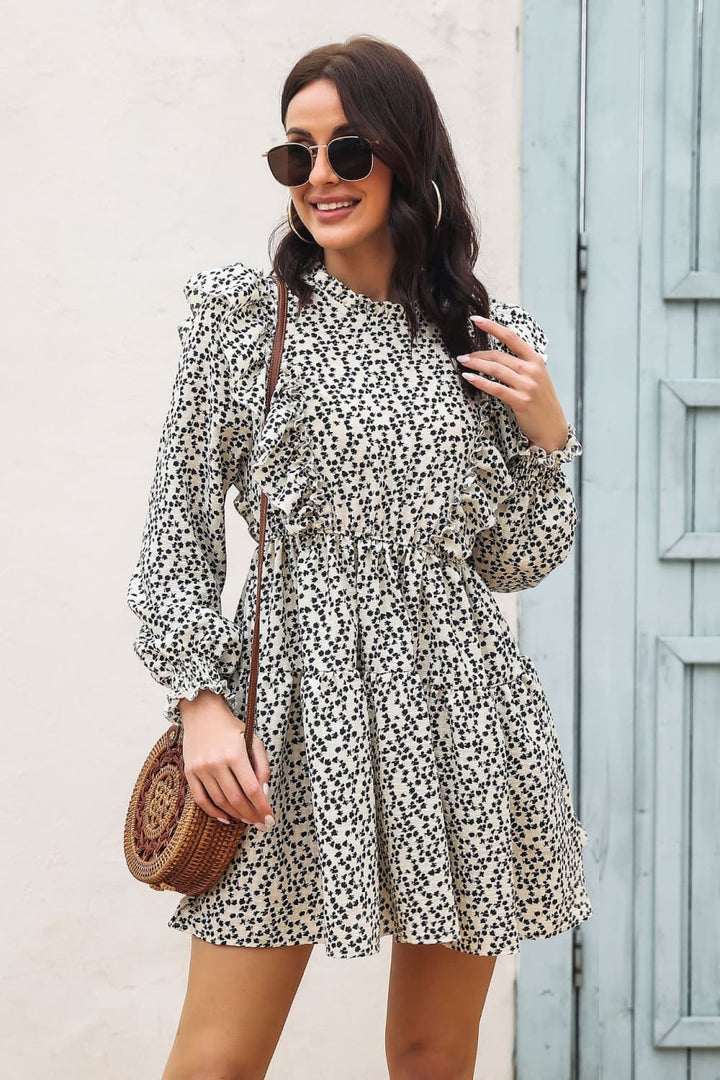 Stilla | Ruffle Trim Smocked Long Sleeve Mini Dress