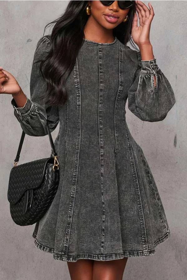 Skovae | Fade Into You Denim Prinsesse Linie Ryg lynlås Flare Stretch Mini Kjole