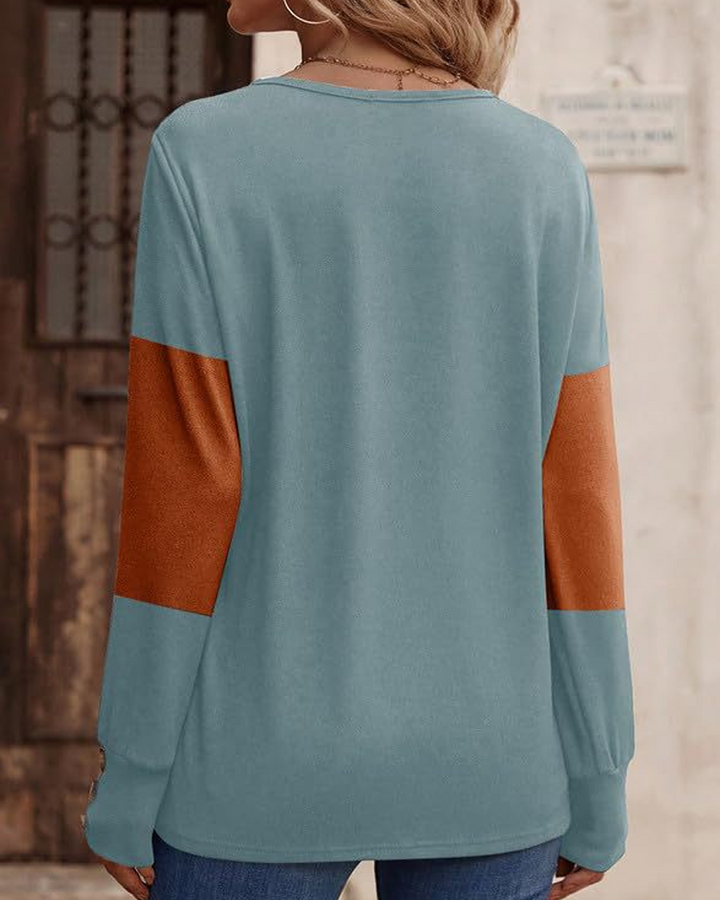 Stilla | Shirt Dame Colorblock Tryk Knap Deko Faldende Skulder