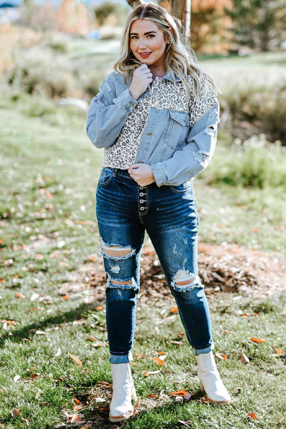 Stilla | Størrelse Leopard Raw Hem Distressed Spliced Denim Jakke