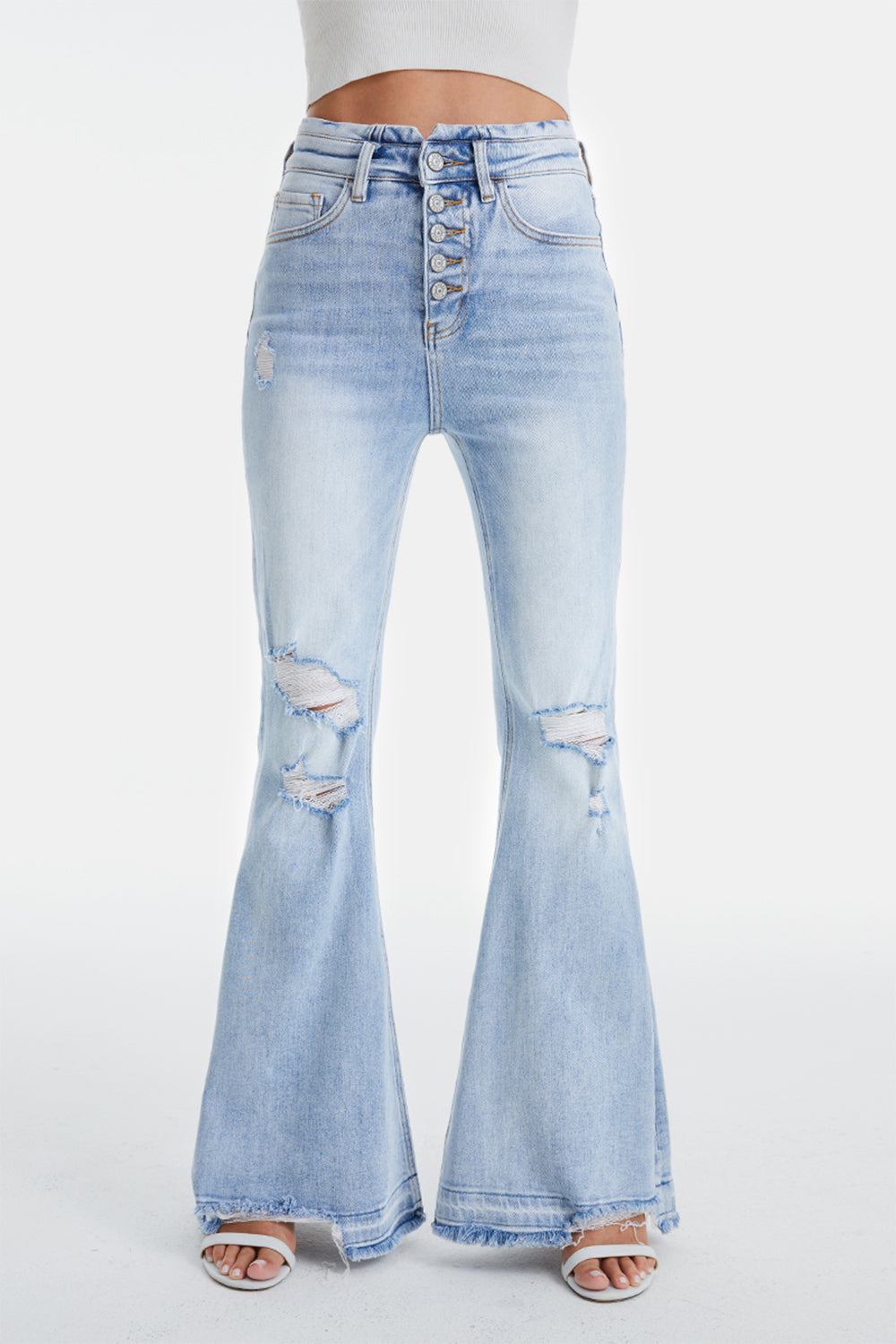 Stilla | Full Size Distressed Raw Hem Høj Talje Flare Jeans