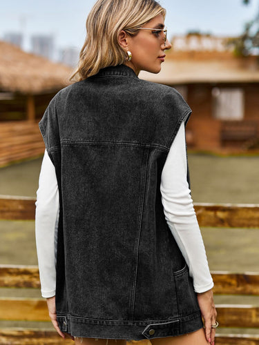 Stilla | Up Collared Neck Sleeveless Denim Jacket