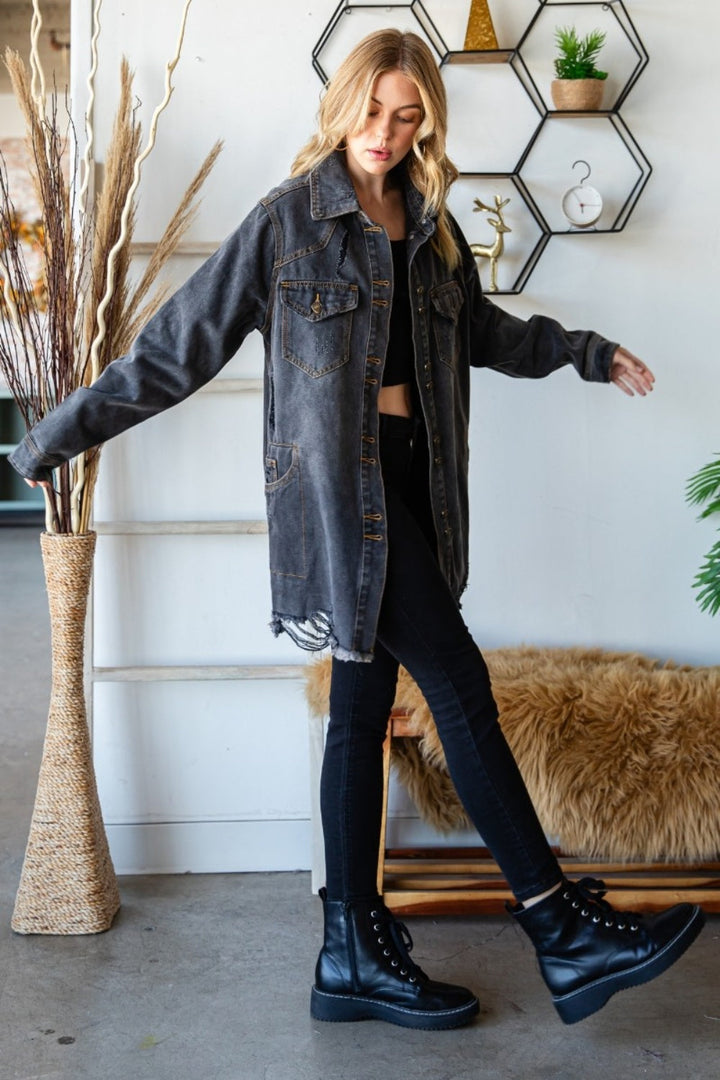 Stilla | Knap Up Distressed Flossede Kant Denim Jakke