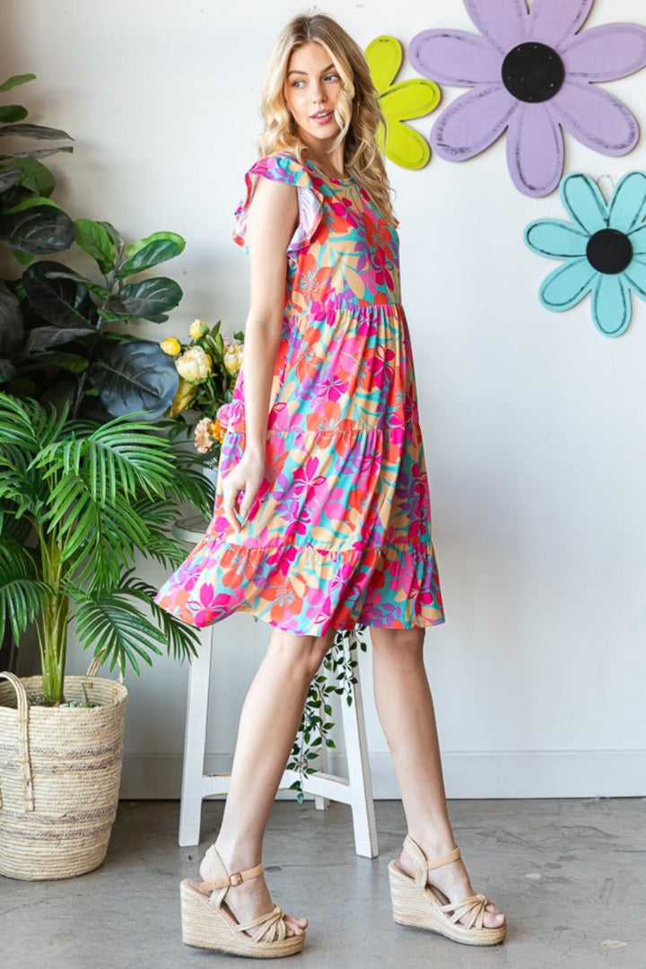 Stilla | Full Size Floral Cap Sleeve Tiered Dress