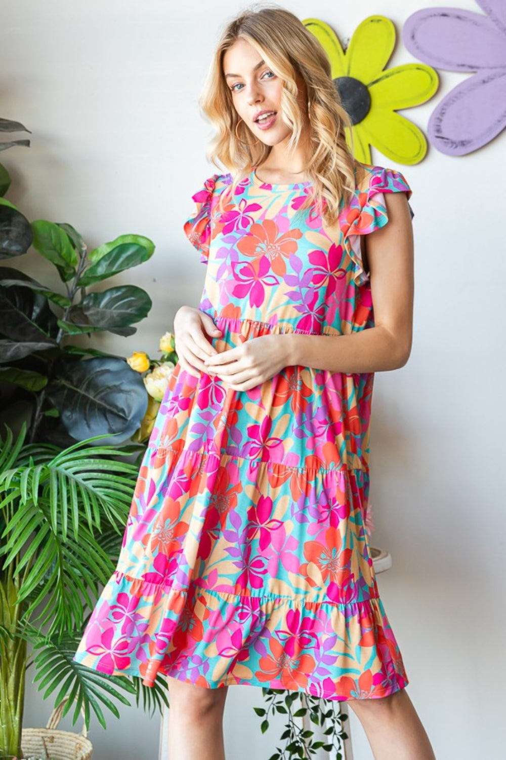 Stilla | Full Size Floral Cap Sleeve Tiered Dress