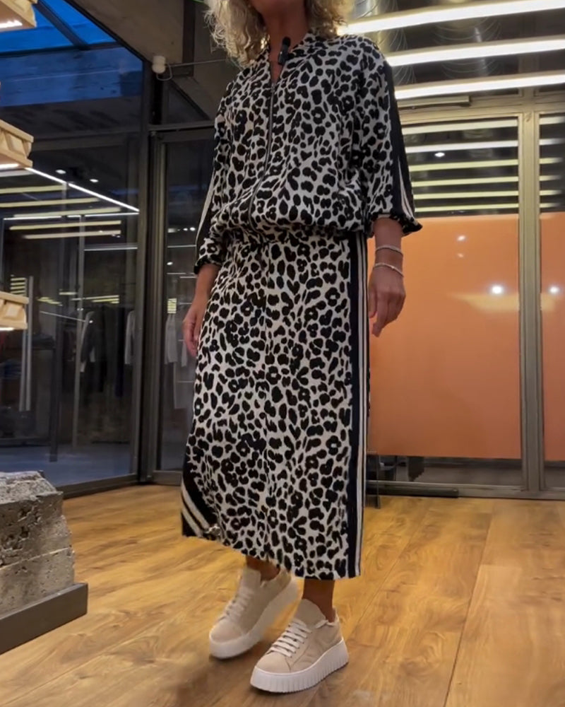 Stilla | Sæt med Stribet Nederdel og Leopardmønster