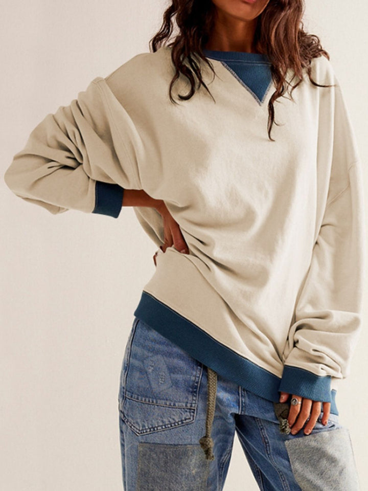 Stilla | Sweatshirt Med Kontrastfarvede Lange Ærmer og Nedfaldende Skuldre