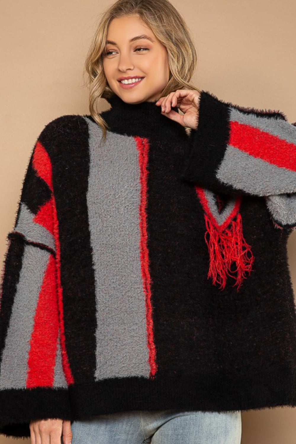 Stilla | Turtleneck Farveblok Frynse Detalje Sweater