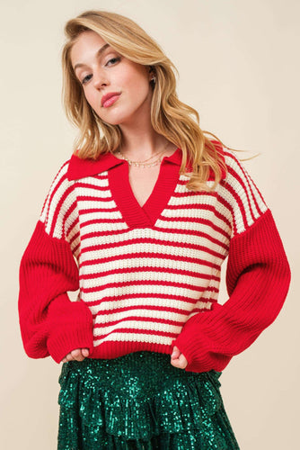 Stilla | Stribet sweater med lange ærmer og Johnny krave