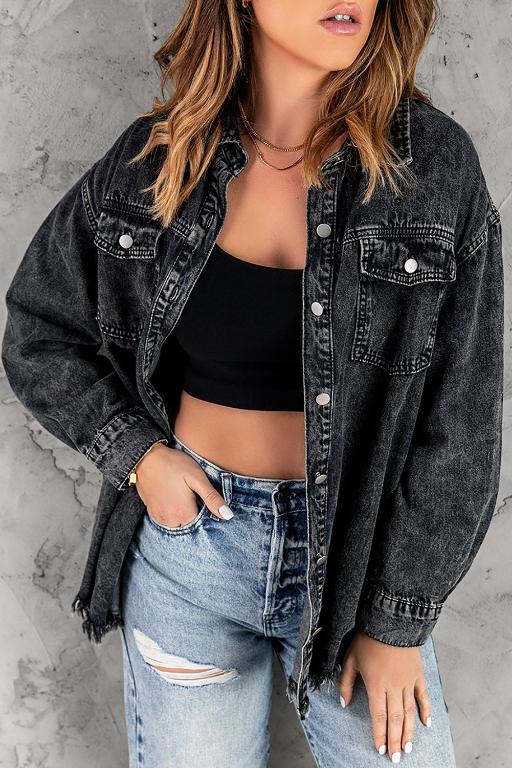 Stilla | Up Pocketed Raw Hem Denimjakke