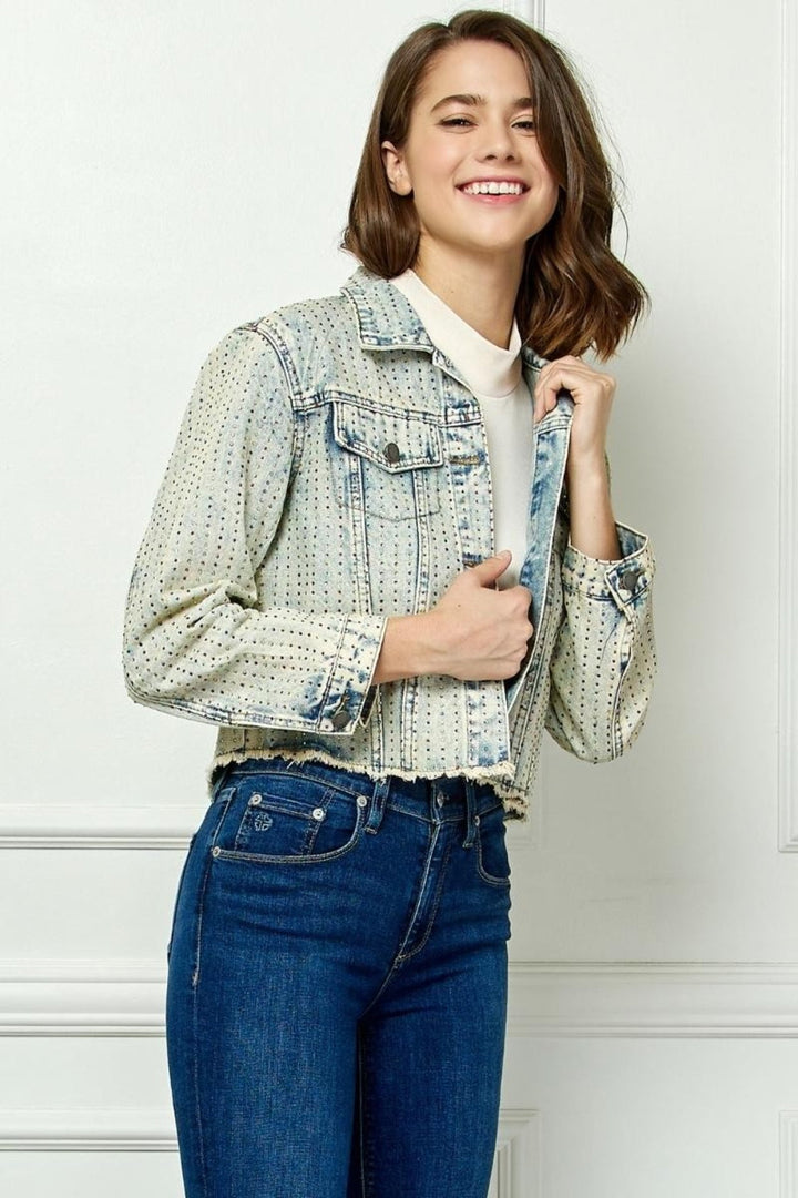 Stilla | Multi Color Stripe Rhinestone Raw Hem Denim Jakke