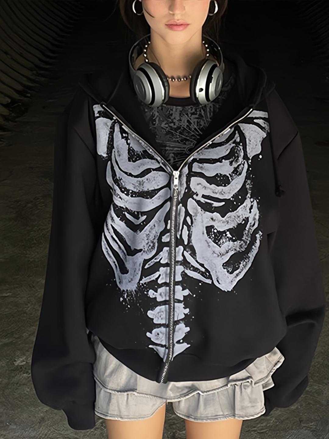 Stilla | Sort Oversized Hoodie med Skelettryk