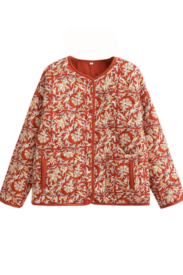 Stilla | Hals Floral Print Løs Vatteret Bomuldsjakke