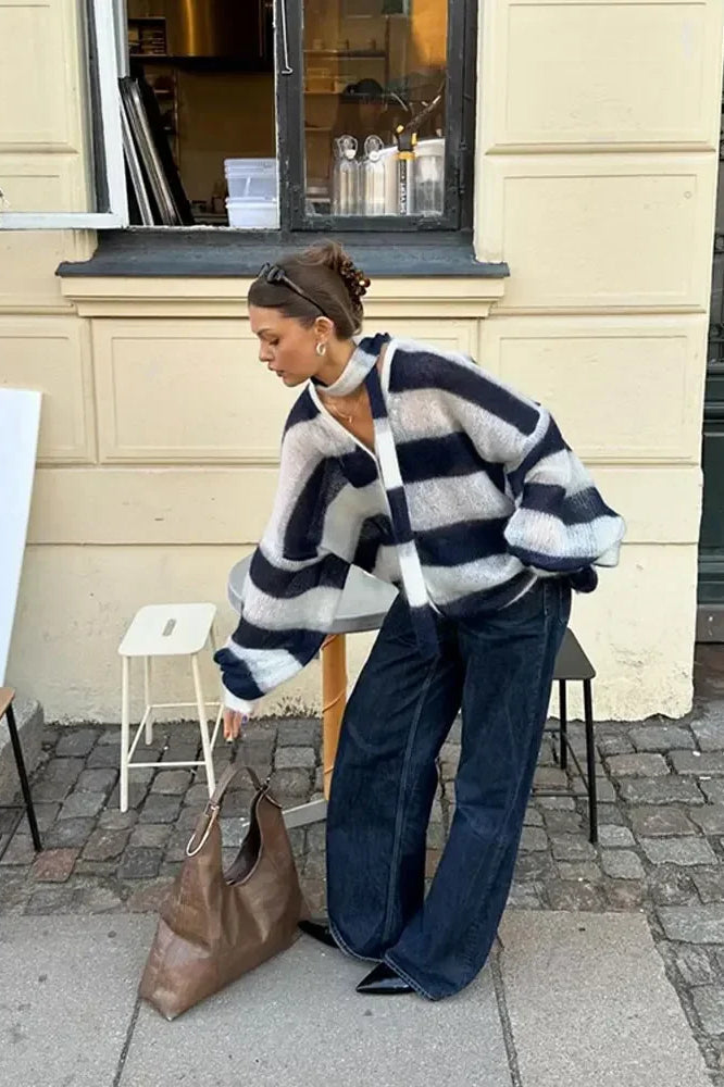 Stilla | stribet V-udskæring strik cardigan