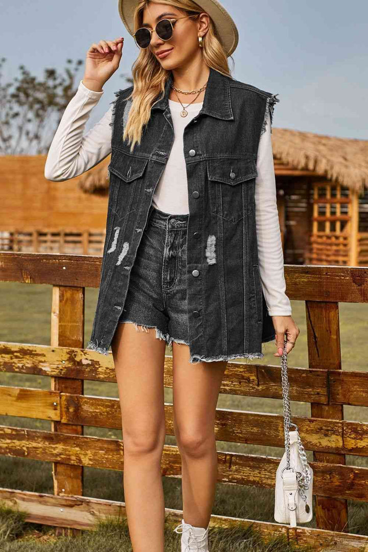 Stilla | Knap-oppet Krave Denim Top Med Lommer