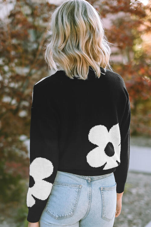 Stilla | Hals Blomstermønster Farve Kontrast Design Langærmet Sweater