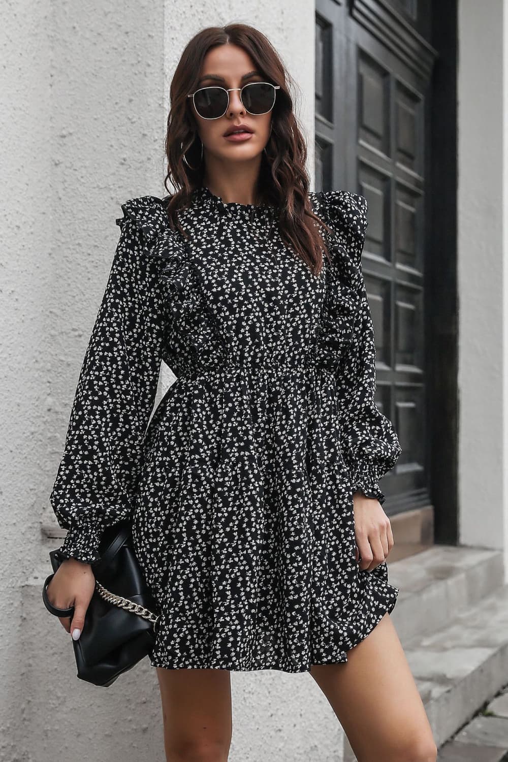 Stilla | Ruffle Trim Smocked Long Sleeve Mini Dress